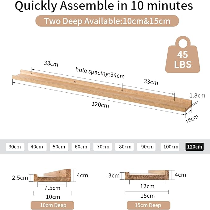 Плаващ рафт Gieanoo от дъб, 120 м, масивен дървен рустик рафт, стенен, за картинна перваза с рафт за радиатор, за кухня, спалня