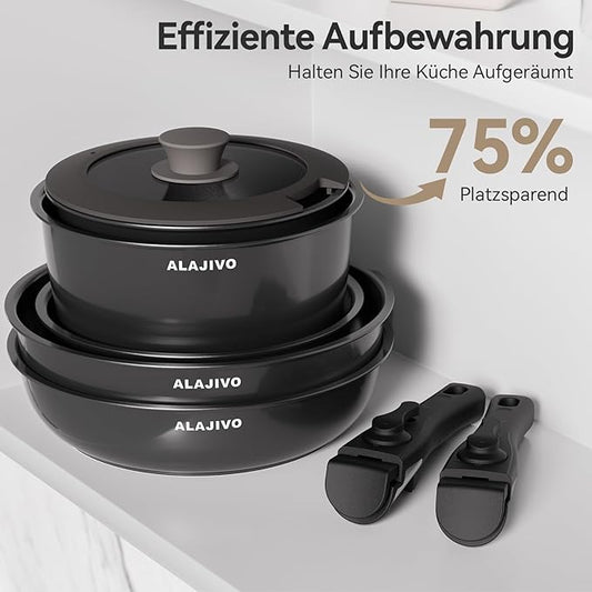 Kомплект тенджери с подвижна дръжка, Комплект тенджери от 17 части с керамично незалепващо покритие, Комплект индукционни тенджери с капак