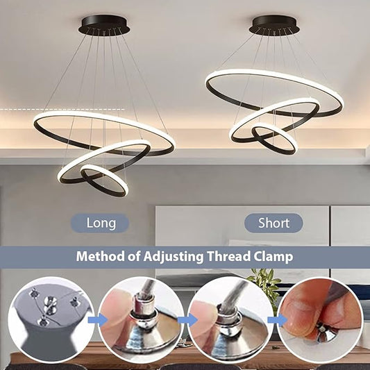 3-пръстенова модерна LED висяща лампа за маса за хранене, 45W LED висяща лампа и висящи лампи, регулируема височина за трапезария и хол, димируема алуминиева висяща лампа с дистанционно управление, 3000K-6500K, бяла