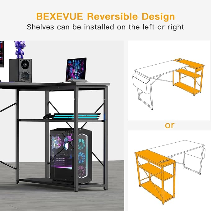 Геймърско бюро L-образно, 120x70 см, компютърно бюро с чанта за съхранение, офис бюро, малка маса за писане с големи обръщаеми рафтове за съхранение, работна станция за учене, игра, работа, домашен офис, черно