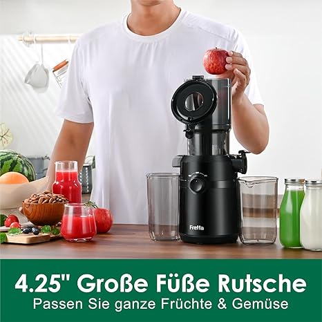 Fretta Juicer, бавна сокоизстисквачка с ширина 108 мм и по-голям улей за подаване, капацитет за цели плодове и зеленчуци, материал Tritan без BPA, лесен монтаж, 200 W