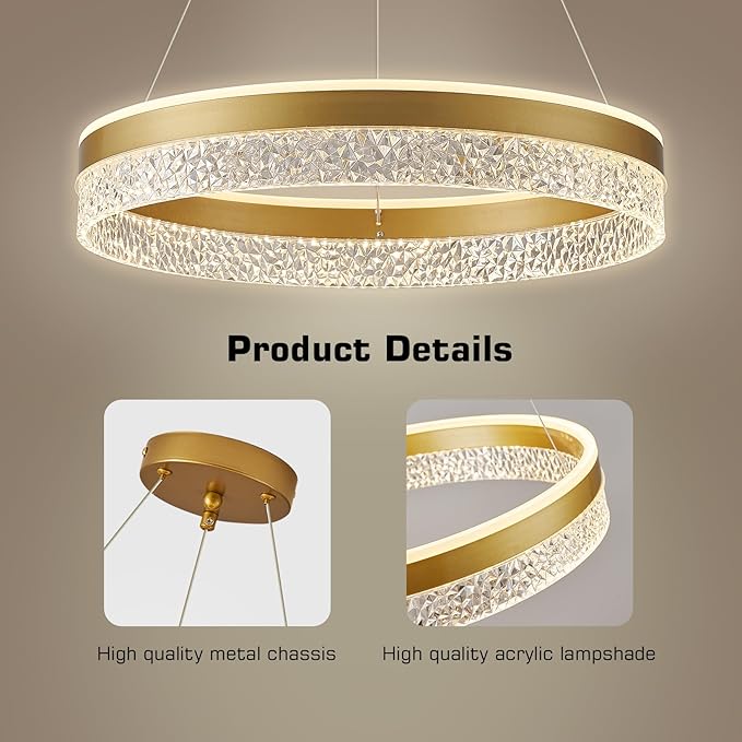 LED висяща лампа, димируема, 60W, модерна кръгла висяща лампа Ø50см, висяща лампа за трапезария с дистанционно управление и приложение, златиста, регулируема височина, 2700K-6500K