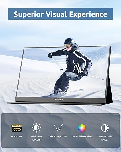 Преносим монитор Yodoit 15.6" FHD 1920x1080P IPS дисплей | USB-C и HDMI свързаност, вградени високоговорители, със смарт капак, за лаптоп, PC, Mac, PS3/4/5, Xbox