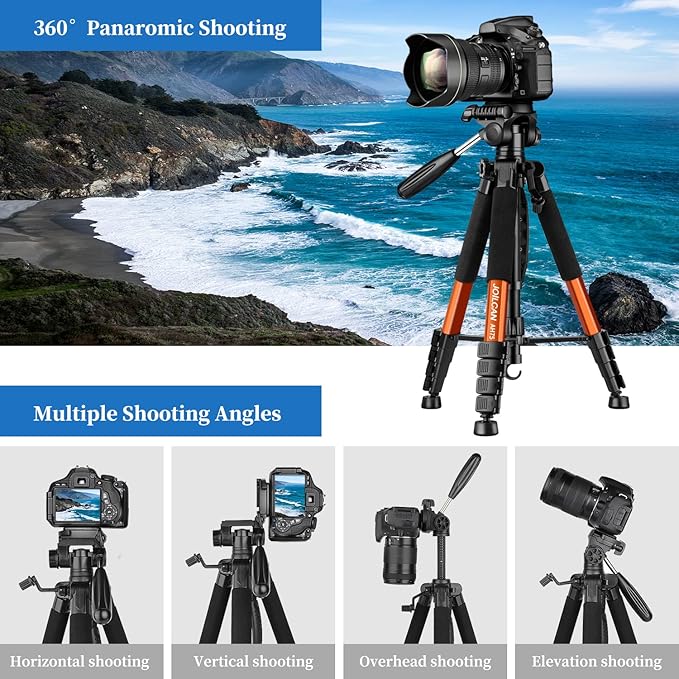 JOILCAN статив за фотоапарат с височина 187 см, лек алуминиев фото статив с подвижна глава, статив за фотоапарат , статив с държач за телефон и чанта, статив за смартфон (оранжев)