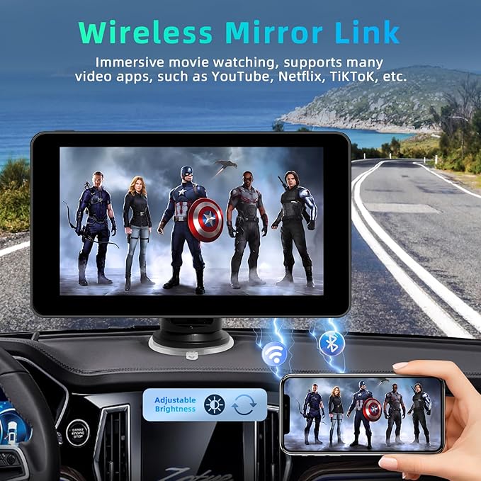 7-инчов сензорен дисплей за кола с безжично Android Auto, Mirror Link, навигация, Siri, FM, AUX, Bluetooth 5.2, Airplay, възпроизвеждане на видео, GPS навигация