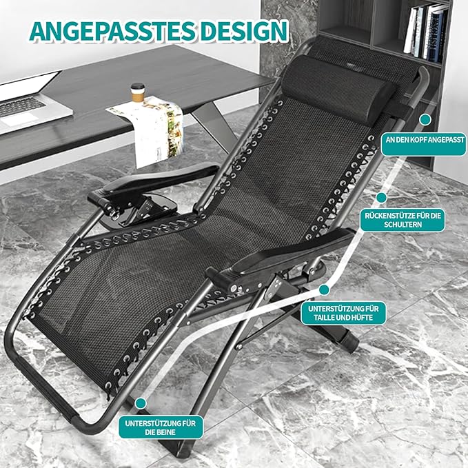 Сгъваем шезлонг Hengriacly с покривало, градински шезлонг с регулируема облегалка за обедна почивка, товароносимост 240 кг, регулируема облегалка, градински стол, ергономичен и дишащ (черен)