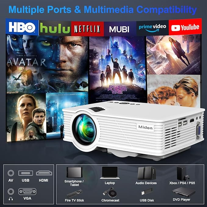 Мини проектор Miden 1080P Full HD, видео проектор с 9000 лумена и максимален дисплей от 260 инча, живот на лампата 110 000 часа, съвместим с HDMI/AV/USB/SD/VGA