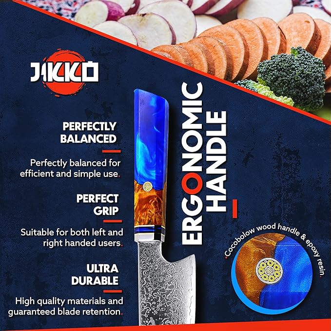 JIKKO® 33 см японски нож с острие от дамаска стомана - нож за готвач тип Сантоку/Кирицуке - първокласен професионален кухненски нож с рядка дръжка от дърво кокоболо