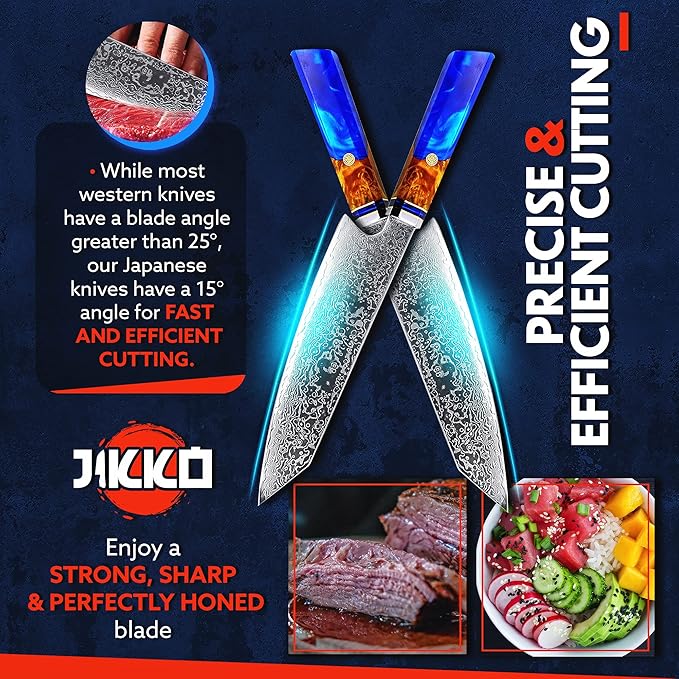 JIKKO® 33 см японски нож с острие от дамаска стомана - нож за готвач тип Сантоку/Кирицуке - първокласен професионален кухненски нож с рядка дръжка от дърво кокоболо