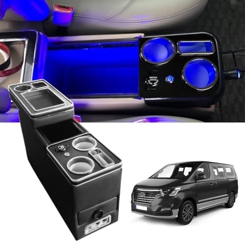 Органайзер за централна конзола за кола, съвместим с T4 T5 T6 T6.1 T7, кутия за съхранение на подлакътник в централната конзола с държач за чаши, USB порт, LED светлини, запалка