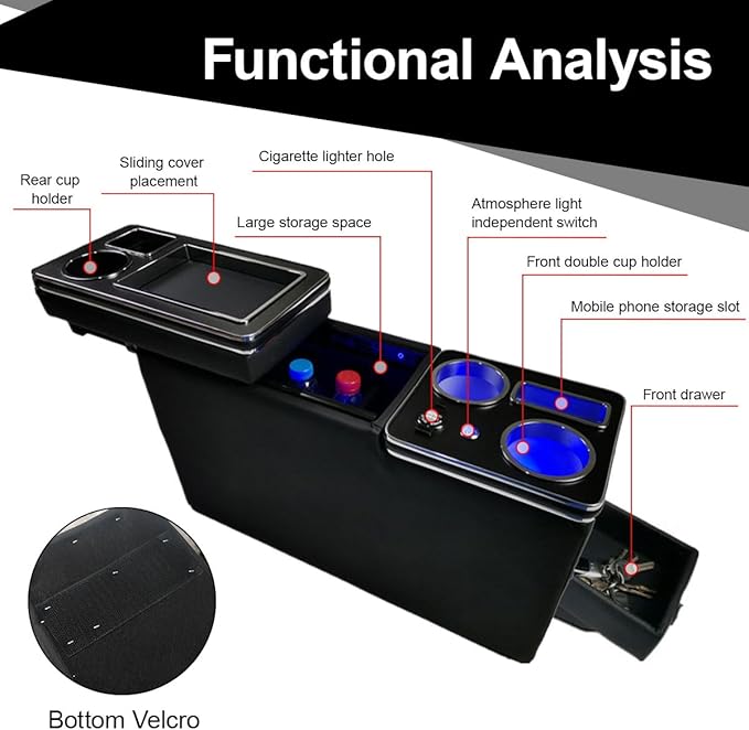 Органайзер за централна конзола за кола, съвместим с T4 T5 T6 T6.1 T7, кутия за съхранение на подлакътник в централната конзола с държач за чаши, USB порт, LED светлини, запалка