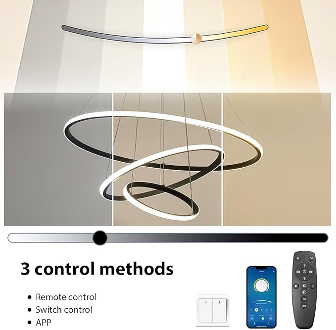 3-пръстенова модерна LED висяща лампа за маса за хранене, 45W LED висяща лампа и висящи лампи, регулируема височина за трапезария и хол, димируема алуминиева висяща лампа с дистанционно управление, 3000K-6500K, бяла