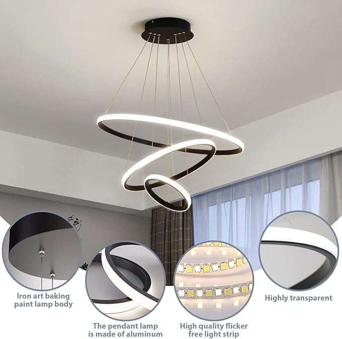 3-пръстенова модерна LED висяща лампа за маса за хранене, 45W LED висяща лампа и висящи лампи, регулируема височина за трапезария и хол, димируема алуминиева висяща лампа с дистанционно управление, 3000K-6500K, бяла