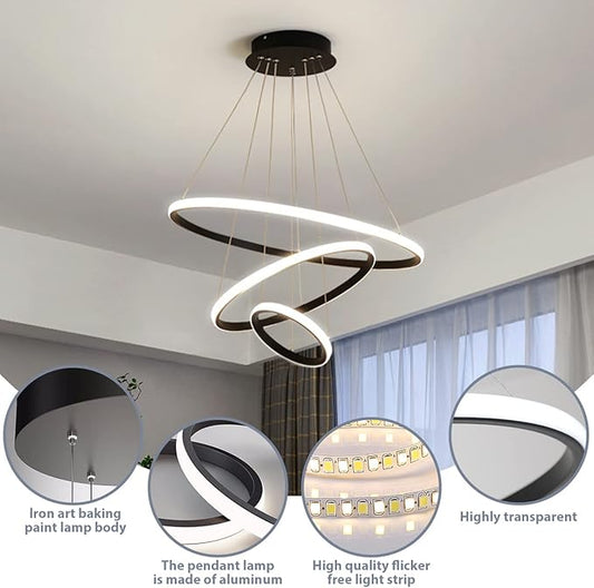 3-пръстенова модерна LED висяща лампа за маса за хранене, 45W LED висяща лампа и висящи лампи, регулируема височина за трапезария и хол, димируема алуминиева висяща лампа с дистанционно управление, 3000K-6500K, бяла