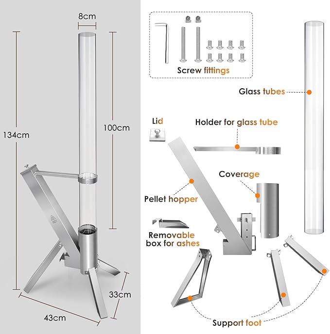 Пелетна камина CTSC за външна употреба, пелетна камина за тераса със стъклена тръба 100 x 8 см, добавя светлина и атмосфера към верандата, терасата, градината и задния двор