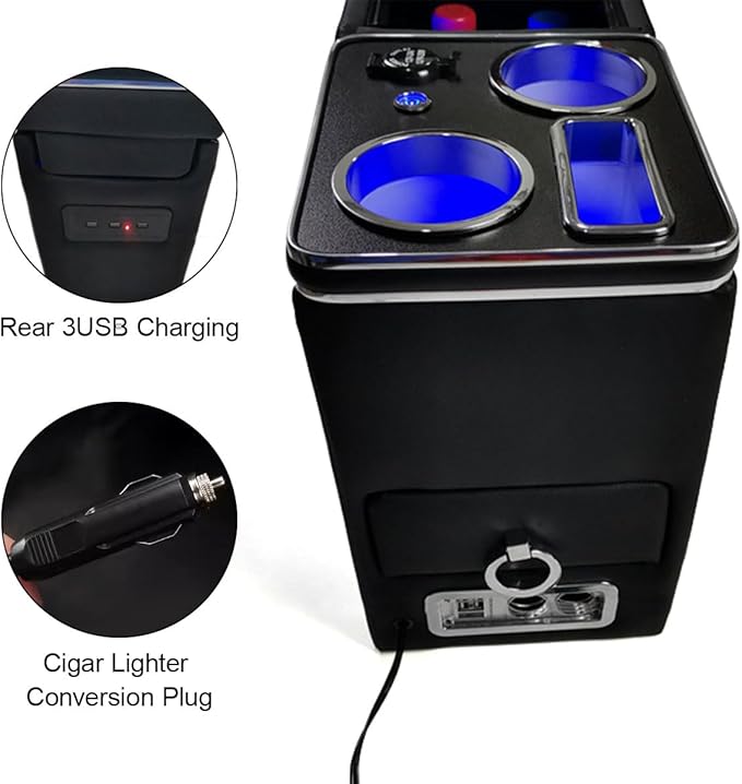 Органайзер за централна конзола за кола, съвместим с T4 T5 T6 T6.1 T7, кутия за съхранение на подлакътник в централната конзола с държач за чаши, USB порт, LED светлини, запалка