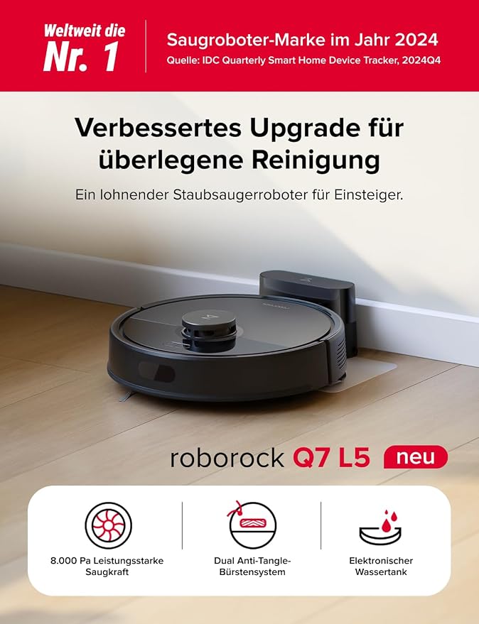 Роботизирана прахосмукачка Roborock Q7 L5, всмукателна мощност HyperForce 8000 Pa