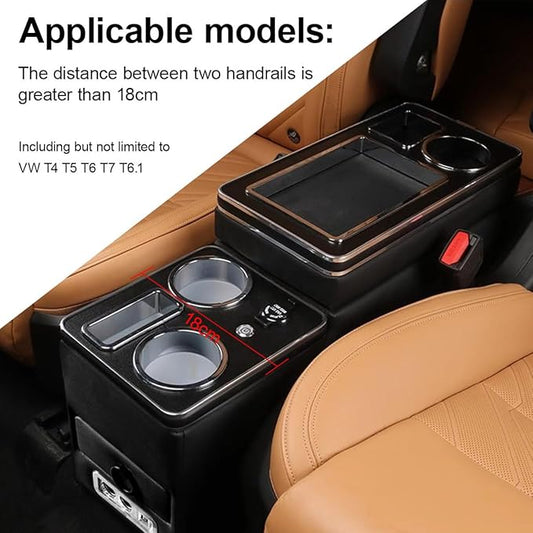 Органайзер за централна конзола за кола, съвместим с T4 T5 T6 T6.1 T7, кутия за съхранение на подлакътник в централната конзола с държач за чаши, USB порт, LED светлини, запалка