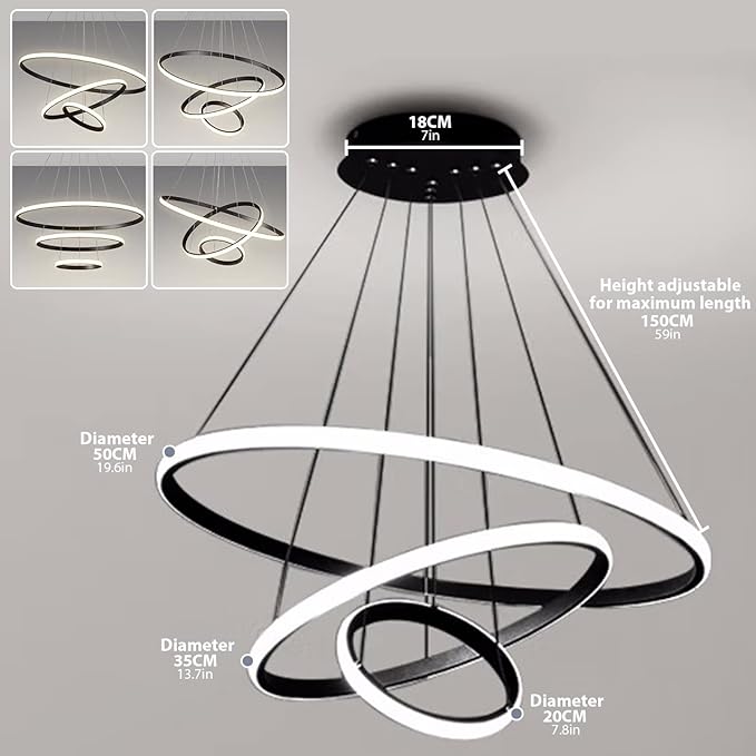 3-пръстенова модерна LED висяща лампа за маса за хранене, 45W LED висяща лампа и висящи лампи, регулируема височина за трапезария и хол, димируема алуминиева висяща лампа с дистанционно управление, 3000K-6500K, бяла