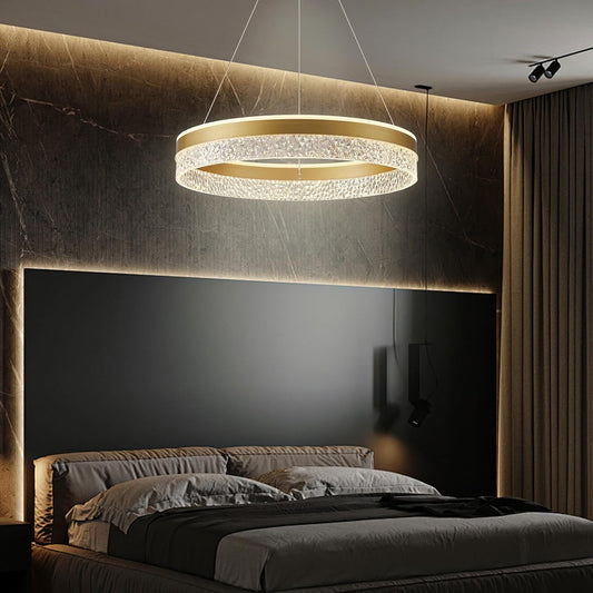 LED висяща лампа, димируема, 60W, модерна кръгла висяща лампа Ø50см, висяща лампа за трапезария с дистанционно управление и приложение, златиста, регулируема височина, 2700K-6500K