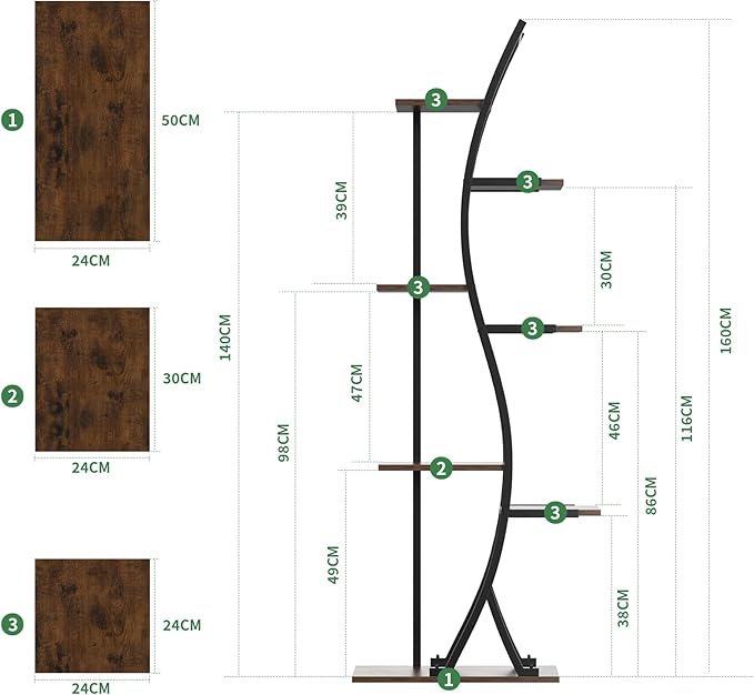 Поставка за цветя Поставка за растения с лампи за отглеждане - 7-етажна вътрешна рафт за растения, изработена от дърво и метал, голяма вътрешна рафт за растения 160 см, рафт за хол, балкон, спалня
