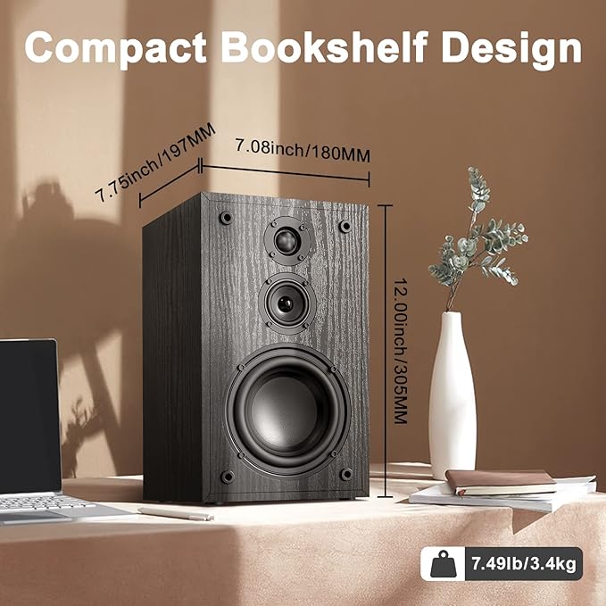 Чифт пасивни високоговорители за рафтове, 3-лентови 80 вата RMS, 240 вата пикова мощност, 2.0 стерео високоговорители, високоговорители за домашно кино за рафтове, нискочестотни 48 Hz, ръчно изработен дървен дизайн