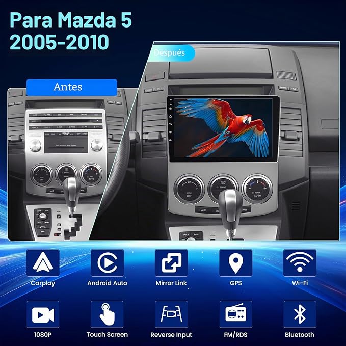 2GB+64GB Android автомобилно радио за Mazda 5 2005-2010 с безжичен Carplay и Android Auto, 9-инчово сензорно радио с 5G/WiFi, DSP, EQ, GPS, FM/RDS радио, SWC + камера за заден ход