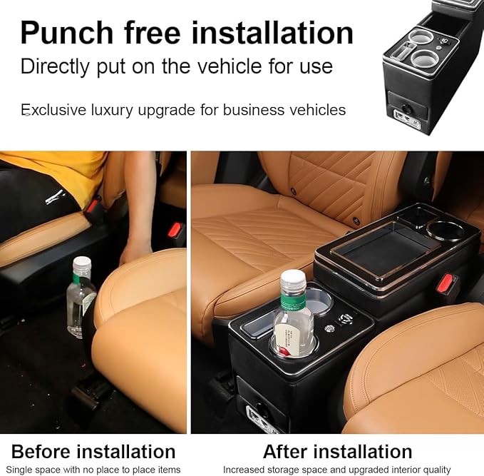 Органайзер за централна конзола за кола, съвместим с T4 T5 T6 T6.1 T7, кутия за съхранение на подлакътник в централната конзола с държач за чаши, USB порт, LED светлини, запалка