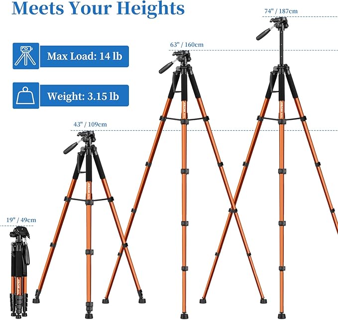 JOILCAN статив за фотоапарат с височина 187 см, лек алуминиев фото статив с подвижна глава, статив за фотоапарат , статив с държач за телефон и чанта, статив за смартфон (оранжев)