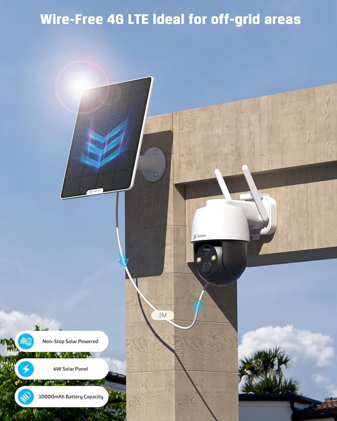 COCOCAM 4G LTE Без WiFi Охранителна Камера 2K Соларна Външна Безжична PIR сензор за откриване на хора, разпознаване с изкуствен интелект, 355°P 90°T, батерия 10000 mAh, включена SIM карта, облачен интерфейс, работи с Alexa