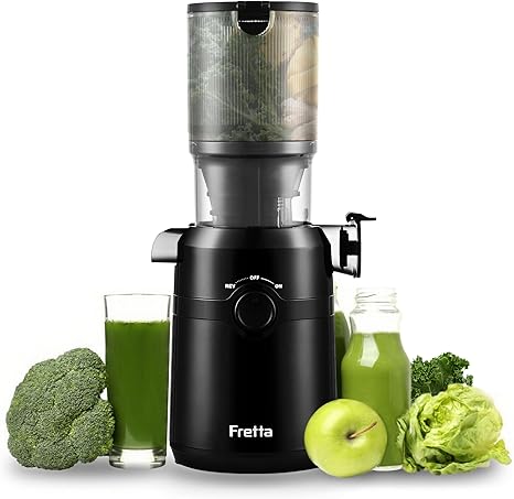 Fretta Juicer, бавна сокоизстисквачка с ширина 108 мм и по-голям улей за подаване, капацитет за цели плодове и зеленчуци, материал Tritan без BPA, лесен монтаж, 200 W