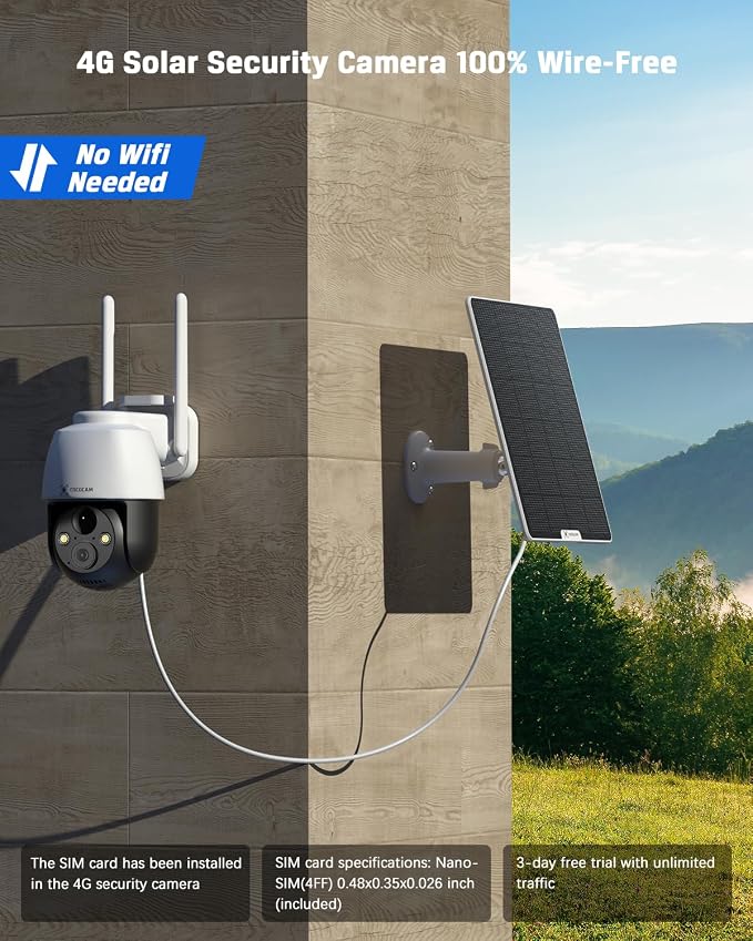 COCOCAM 4G LTE Без WiFi Охранителна Камера 2K Соларна Външна Безжична PIR сензор за откриване на хора, разпознаване с изкуствен интелект, 355°P 90°T, батерия 10000 mAh, включена SIM карта, облачен интерфейс, работи с Alexa