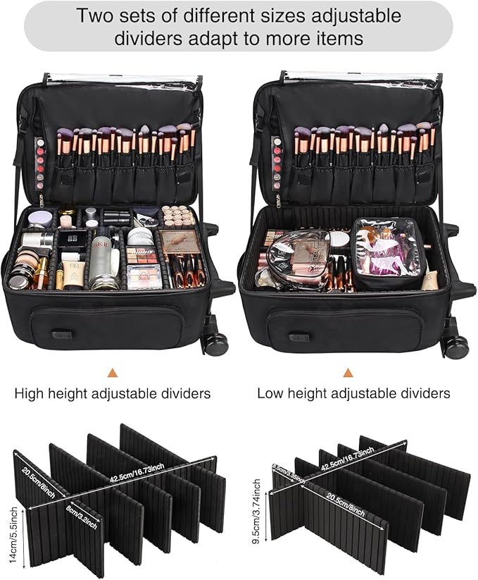 Професионална чанта за грим Relavel, количка за грим, органайзер за грим с голям капацитет, 360° колелца и регулируеми разделители, черна, размер XX-Large