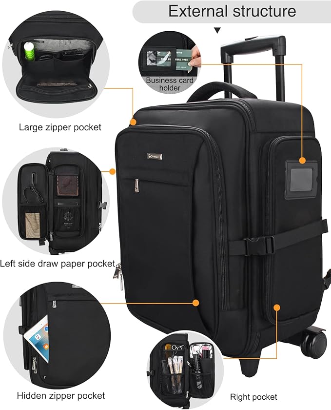 Професионална чанта за грим Relavel, количка за грим, органайзер за грим с голям капацитет, 360° колелца и регулируеми разделители, черна, размер XX-Large