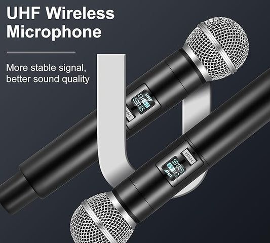 Безжичен микрофон Alpowl, преносим двоен безжичен UHF микрофон с презареждащ се приемник, 40 часа живот на батерията, обхват 60 метра, Bluetooth микрофон за караоке