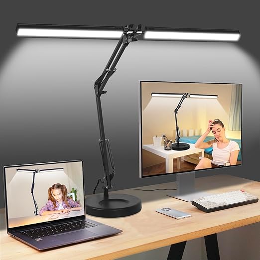 NOEVSBIG LED настолна лампа, 2-в-1 лампа за защита на очите с 3 цветови режима, настолна лампа с двойна глава, офис лампа за работна маса, лампа за четене с функция памет [енергиен клас F]