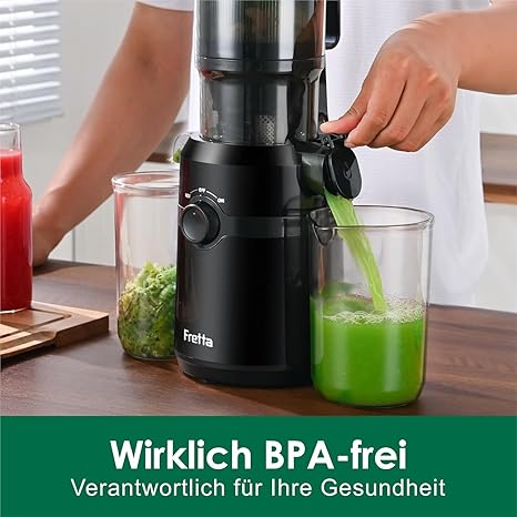 Fretta Juicer, бавна сокоизстисквачка с ширина 108 мм и по-голям улей за подаване, капацитет за цели плодове и зеленчуци, материал Tritan без BPA, лесен монтаж, 200 W
