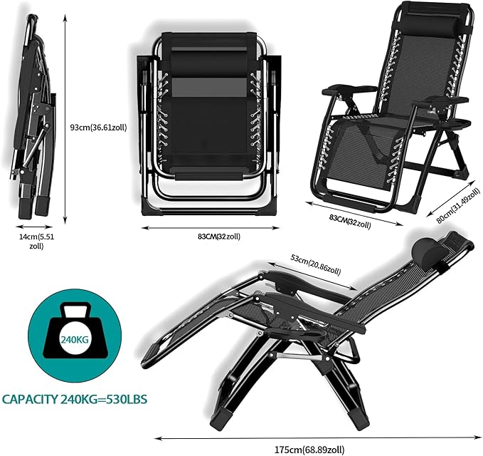 Сгъваем шезлонг Hengriacly с покривало, градински шезлонг с регулируема облегалка за обедна почивка, товароносимост 240 кг, регулируема облегалка, градински стол, ергономичен и дишащ (черен)