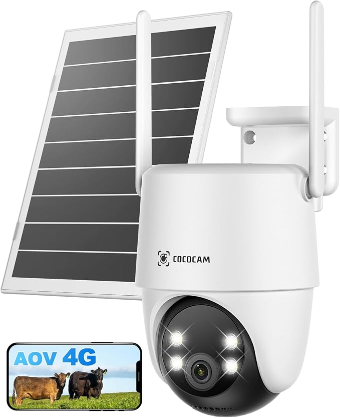 COCOCAM 24/7 Запис AOV 4G LTE Без WiFi Охранителна камера Батерия 15000mAh, 8W соларен панел, 2K PTZ, 30 метра нощно виждане, AI откриване, AI проследяване, IP66