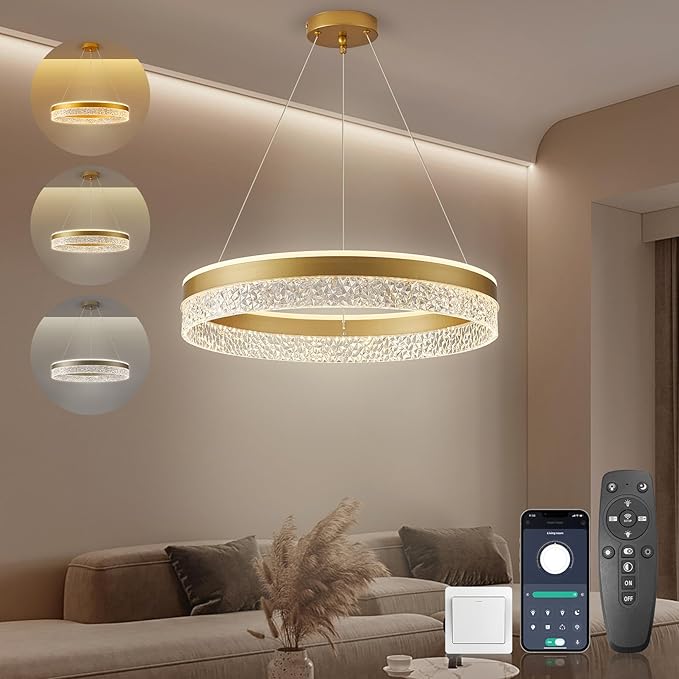 LED висяща лампа, димируема, 60W, модерна кръгла висяща лампа Ø50см, висяща лампа за трапезария с дистанционно управление и приложение, златиста, регулируема височина, 2700K-6500K