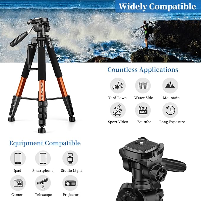 JOILCAN статив за фотоапарат с височина 187 см, лек алуминиев фото статив с подвижна глава, статив за фотоапарат , статив с държач за телефон и чанта, статив за смартфон (оранжев)