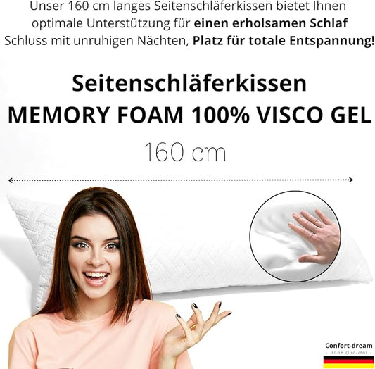 Възглавница за спане настрани, мемори пяна, 160 x 30 см XXXL, 100% възглавница за тяло, вискоеластичен гел, възглавница за кърмене, възглавница за спане настрани за деца и възрастни, ортопедична възглавница за спане настрани, възглавница за врата,