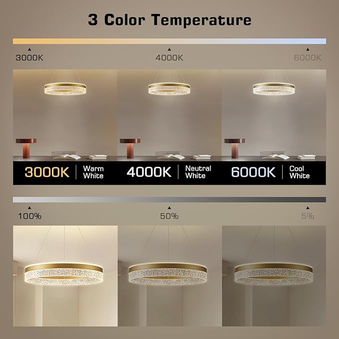 LED висяща лампа, димируема, 60W, модерна кръгла висяща лампа Ø50см, висяща лампа за трапезария с дистанционно управление и приложение, златиста, регулируема височина, 2700K-6500K