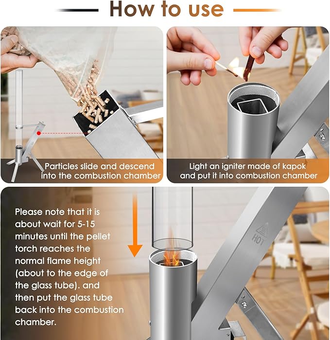 Пелетна камина CTSC за външна употреба, пелетна камина за тераса със стъклена тръба 100 x 8 см, добавя светлина и атмосфера към верандата, терасата, градината и задния двор