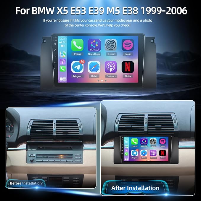 [Qualcomm 8 Core 4+64G] Android радио за BMW X5 E53 E39 M5 E38 1999-2006, CarPlay и Android Auto безжично, 9-инчов IPS сензорен екран, GPS, DSP, WiFi, Plug & Play надстройка