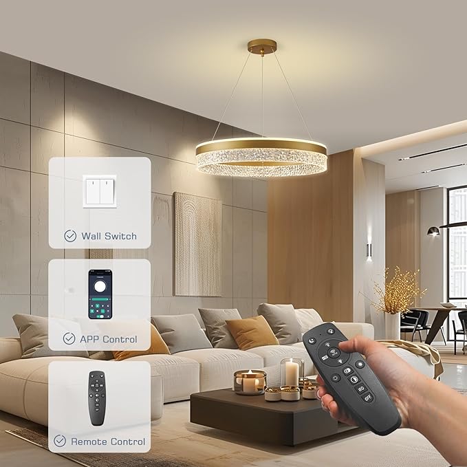 LED висяща лампа, димируема, 60W, модерна кръгла висяща лампа Ø50см, висяща лампа за трапезария с дистанционно управление и приложение, златиста, регулируема височина, 2700K-6500K