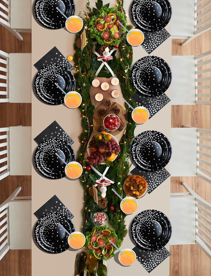 Комплект хартиени чинии и салфетки Nkaiso, 141 броя, лилави и сребърни детски прибори за хранене за рожден ден, комплект парти консумативи, включва хартиени чинии и салфетки, прибори за многократна употреба - 20 гости