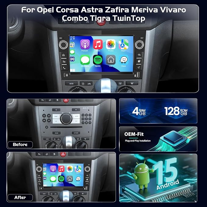 4+128GB Android автомобилно радио за Opel Corsa Astra Zafira Vivaro, безжично CarPlay Android, IPS сензорен екран, GPS WiFi USB Bluetooth, Plug & Play радио + камера за задно виждане