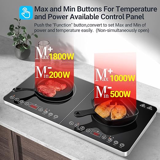 Индукционен котлон, преносим котлон Aobosi с двоен индукционен котлон и функция за поддържане на топлината, 10 температурни нива и 6 нива на мощност, таймер, бутон за макс. и мин., 3500 вата, сензорно управление