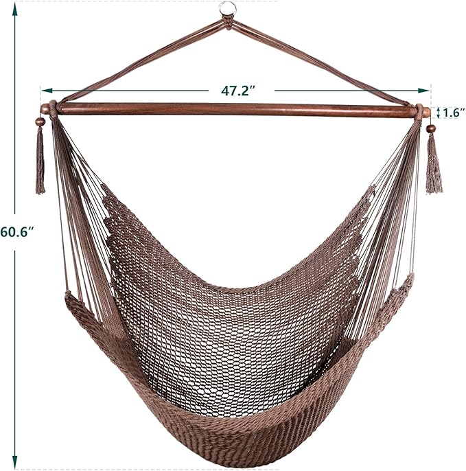 Карибски люлеещ се хамак с разпъваща се щанга, голям хамак, ръчно изработен висящ стол от въже, за външна употреба, вътрешна употреба, спалня, товароносимост 150 кг, тъмнокафяв